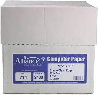 Alliance Continuous Computer Paper 9-1/2x11 inch Blank Clean Edge 1 Pt 20lb 2400/Ctn