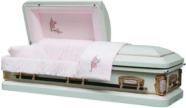 Overnight Caskets Primrose Metal Funeral Casket - Premium 18-Gauge Steel - Fully Appointed Adult Casket - Coffin Featuring Antique-White Velvet Interior Lining and Coordinating Pillow & Throw Set