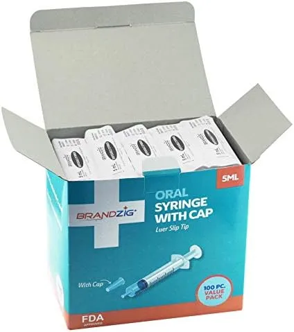 Brandzig 5ml Syringe with Cap (100 Pack) | Oral Dispenser Without Needle, Luer Slip Tip, | Individually Wrapped Medicine Dropper for Infants & Pets