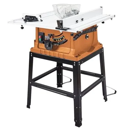 Table Saw 10 inch, 15A Multifunctional Saw with Stand & Push Stick, 90° Cross Cut & 0-45° Bevel Cut, 5000RPM, Adjustable Blade Height for