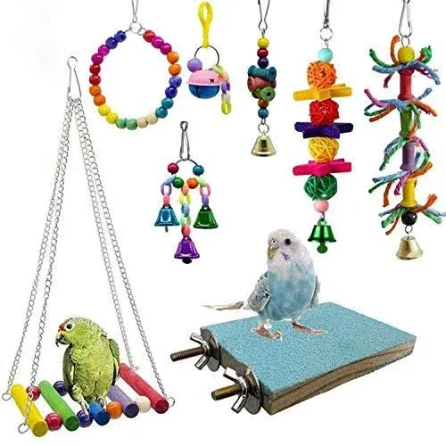 8 Packs Bird Swing Chewing Toys- Parrot Hammock Bell Toys Suitable for Small Parakeets, Cockatiels, Conures, Finches,Budgie,Macaws, Parrots, Love Birds