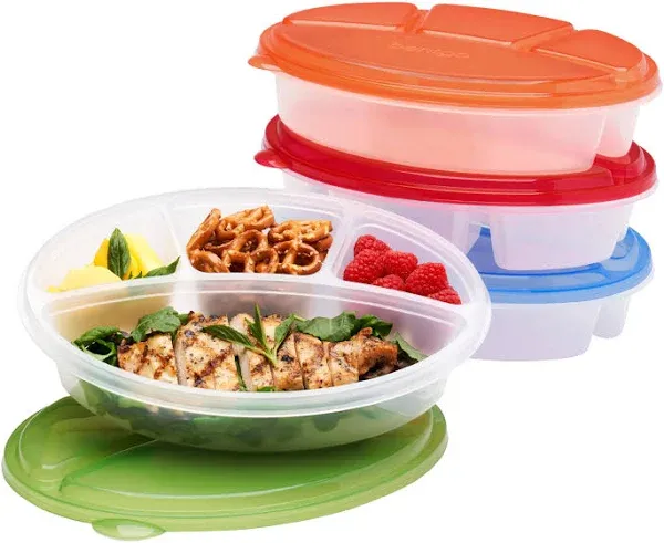 Bentgo Easyboxes 4-Compartment Oval Containers - Patented Design 8-Piece Set; 4 Trays & 4 Fitted Lids Seal in Freshness; Reusable Food Storage & Meal Prep BPA-Free Containers (Classic)