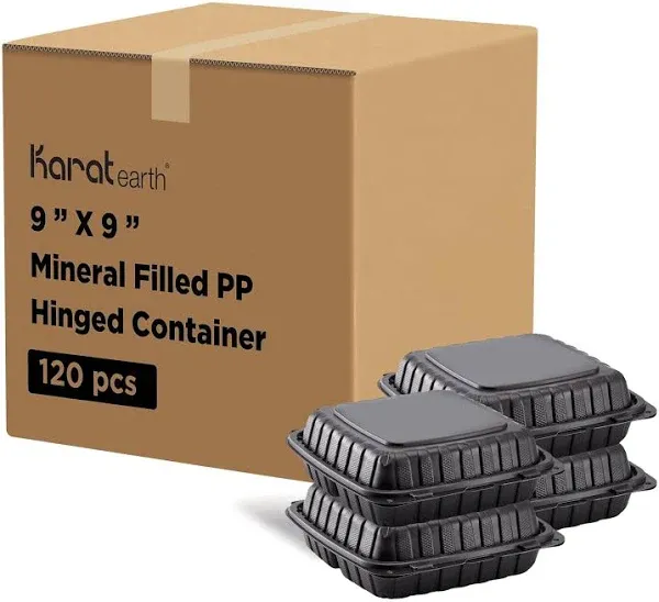 Karat Earth 9" x 9" Mineral Filled PP Hinged Container, Black, 3 compartments - 120 pcs