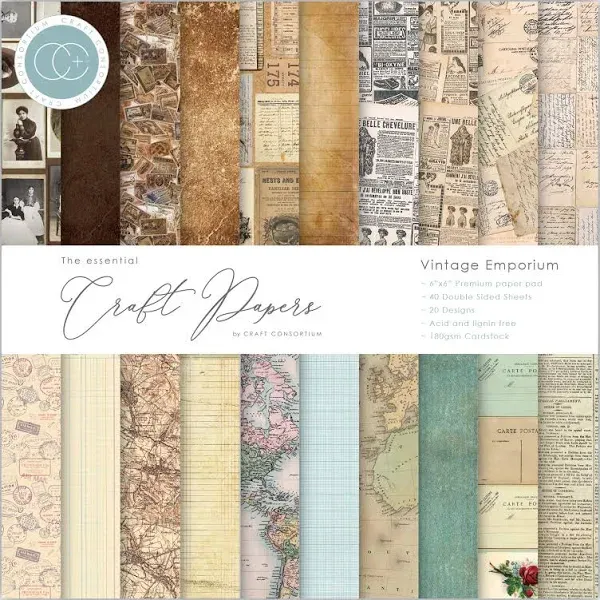 Craft Consortium 6in x 6in Paper Pad Essential Craft Papers Vintage Emporium 180gsm | 40 Sheets