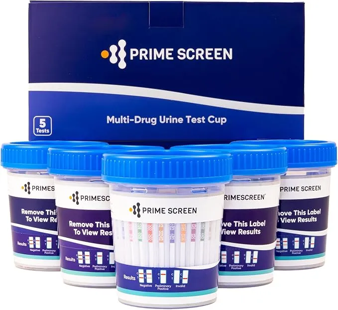 [5 pack] Prime Screen 14 Panel Urine Drug Test Cup - Instant Testing Marijuana (THC),OPI,AMP, BAR, BUP, BZO, COC, mAMP, MDMA, MTD, OXY, PCP, PPX, TCA