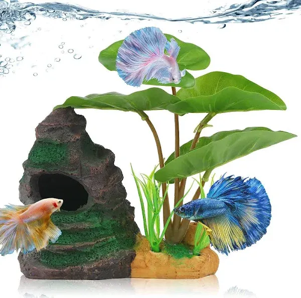 Coospider Betta Fish Leaf Pad Hammock Aquarium Decoration Cichlid Fish Tank Resin Rock Mountain Cave Ornaments Fish Bowl Decorations for Sleeping