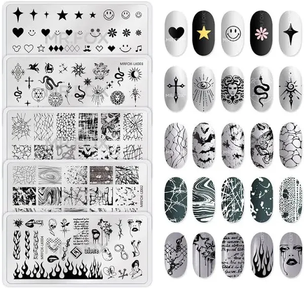 Mrfox 5 Pcs Nail Plates Stamping Set Marbled Punk Spider Web Heart Star Theme Leaf Nail Art DIY Stamping Template