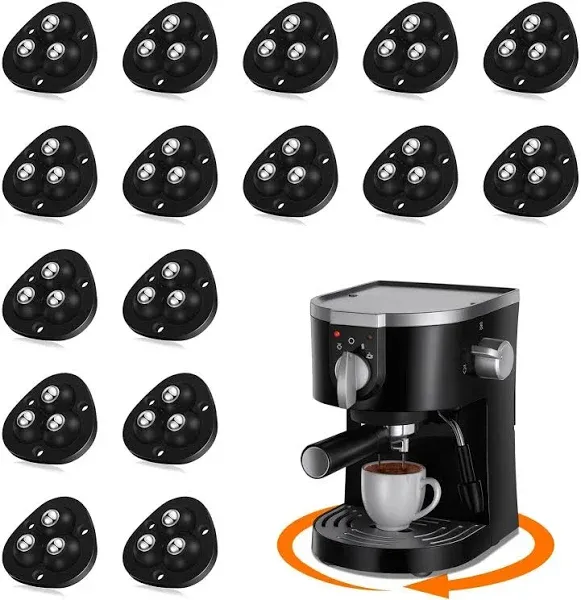 Self Adhesive Caster Wheels, Appliance Rollers for Kitchen Appliances, 360° Swivel Universal Wheel Mini Ball Transfer Roller for Storage Box, Small Furniture (with 3 Ball Bearings, Black, 16 PCS)