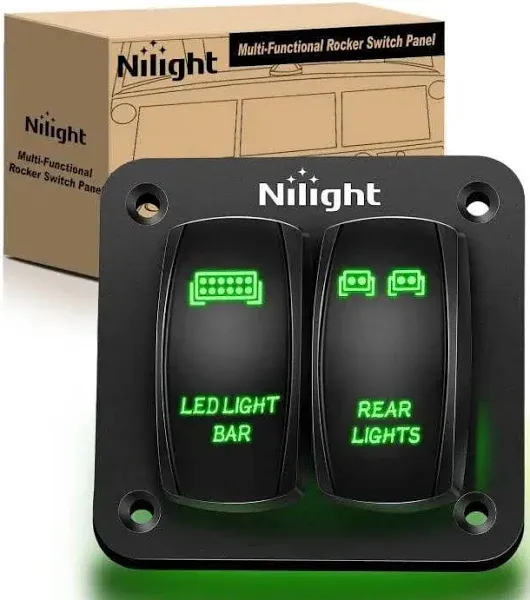 Nilight 2 Gang Rocker Switch Panel LED Light Bar Switch Rear Lights Switch 12 24V DC Green Switches 5Pin On Off Pre-Wired Toggle Switch Panel for Cars