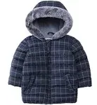 Rokka&Rolla Baby Boys Baby Fleece Hooded Puffer Jacket - Dark Gray Stone/ White Check