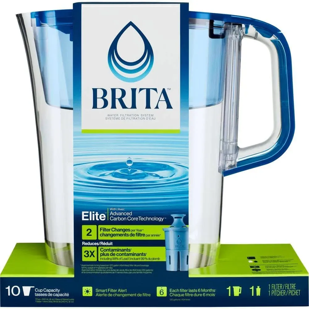 Brita Tahoe 10-Cup Large Water Filter Pitcher in Blue with 1 Elite Filter