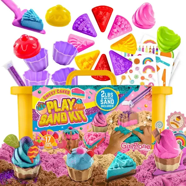 GirlZone Sweet Cakes Moldable Sensory Sand Kit - 2lbs Sand and 17 Sandbox Tools for Toddlers Age 3-5