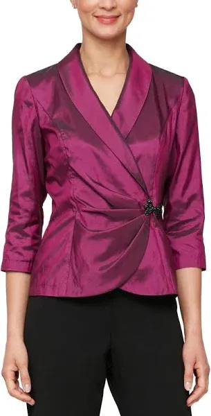 Alex Evenings Women's 3/4 Sleeve Collared V-Neck Taffeta Blouse