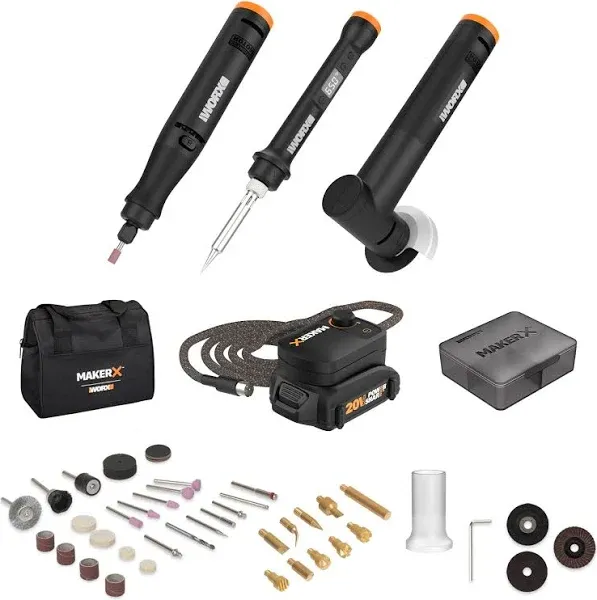 Worx WX991L MakerX 20V Rotary Tool, Angle Grinder &amp; Wood/Metal Craft Tool Kit