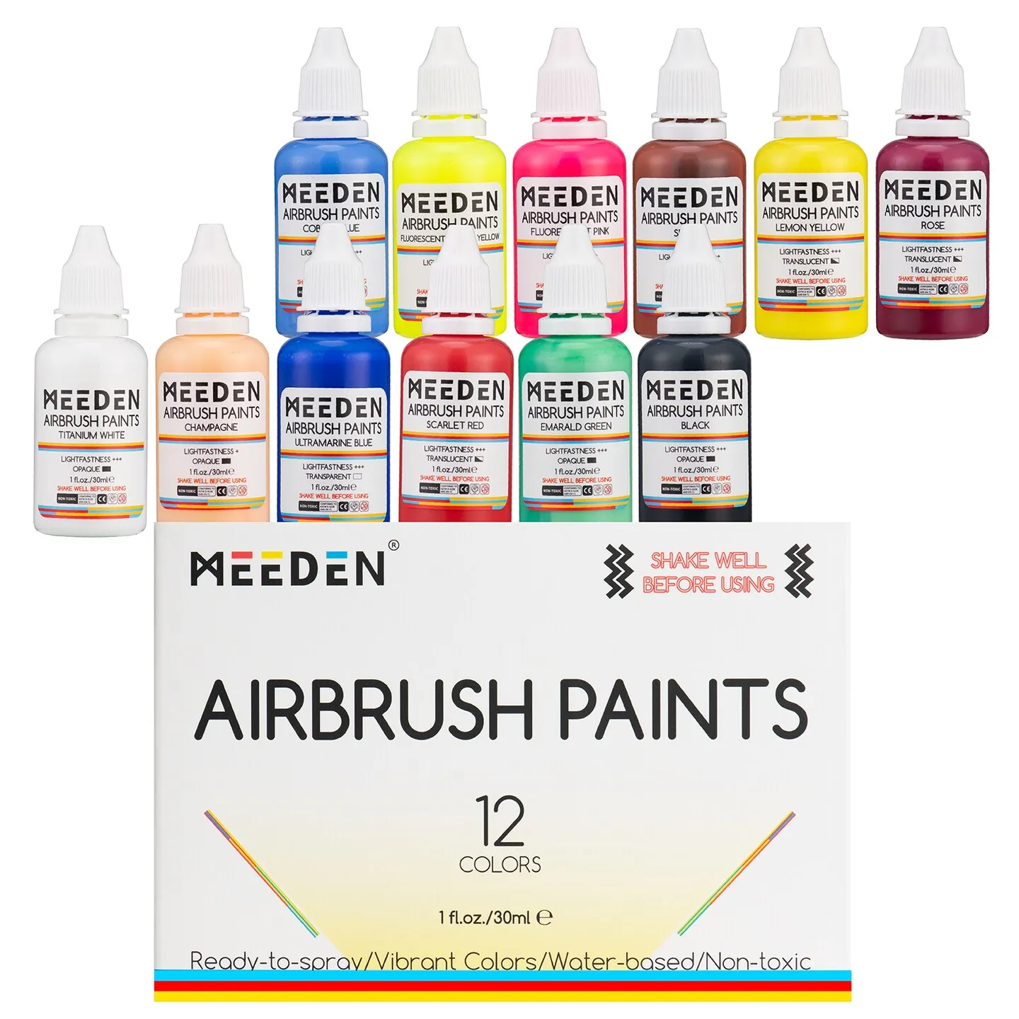 MEEDEN Airbrush Paint Kit, 12 Colors/30ml Acrylic Airbrush Paints Set, Ready to Spray, 2 Neon Colors, Water-Based Non-Toxic for Canvas, Wood, Model, Metal, Leather and More, for Airbrush Artists