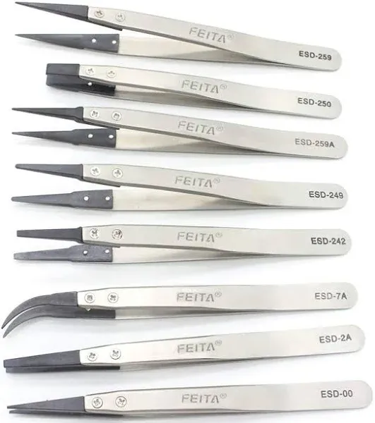 Precision Tweezer Set - FEITA Antistatic Replaceable Fiber Tip Stainless Steel ESD Tweezers for Electronics, Jewelry-Making, Laboratory, Hobby (8 Pcs)