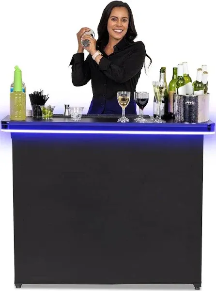 Gobar Pro LED Commercial Grade Portable Bar Table with Multi-Color Lights - 47.5 x 19 x 38 Inches Assembled - Includes Black Skirt and Carry Case