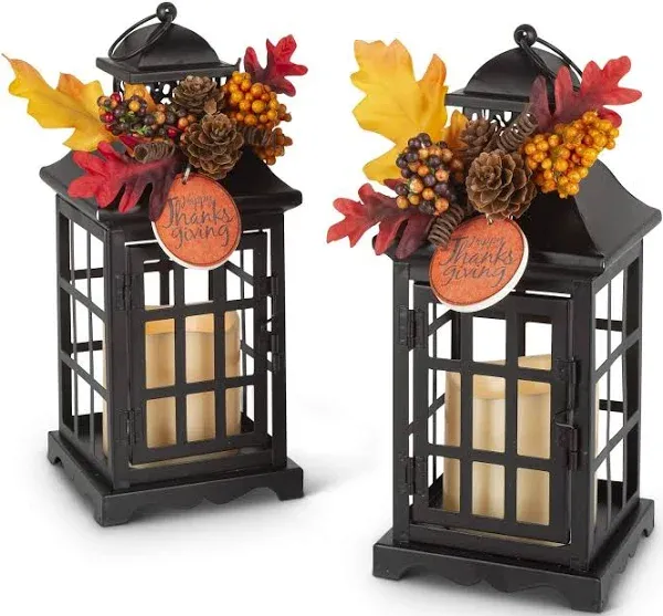 Gerson 2 Lighted Metal Thanksgiving Lanterns with Candle