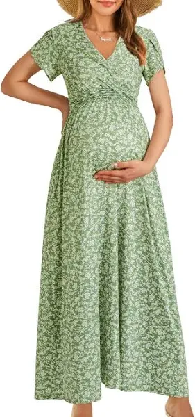 OUGES Maternity Maxi Dress Wrap V Neck Baby Shower Pregnancy Dresses for Photoshoot