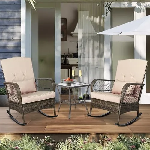 ENSTVER 3 Pieces Patio Conversation Set w/ 2 Rattan Wicker Rocking Chairs and Glass Table,for Garden Backyard Lown Porch (Green)