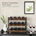 SONGMICS Wine Rack, 3 Tier Tabletop Wine Water Bottle Organizer Storage, Large Capacity Holds 12 Bottles, Bamboo Countertop Wine Holder Shelf for Kitchen Bar Cabinets Pantry, Rustic Brown and Black