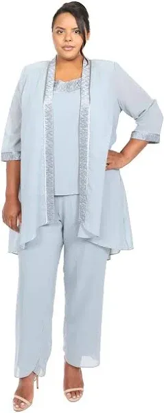 Le Bos 3/4 Sleeve Georgette Tonal Trim Evening 3-Piece Pant Set Blue Size 20W