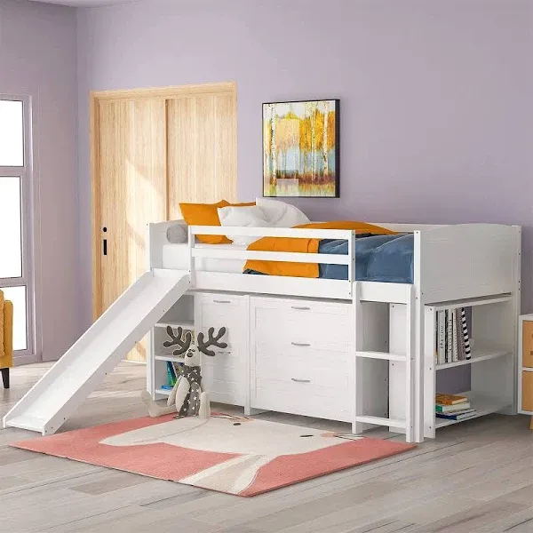 Twin Wood Low Loft Bed with Slide, Storage Rack, Drawers, and Guardrails