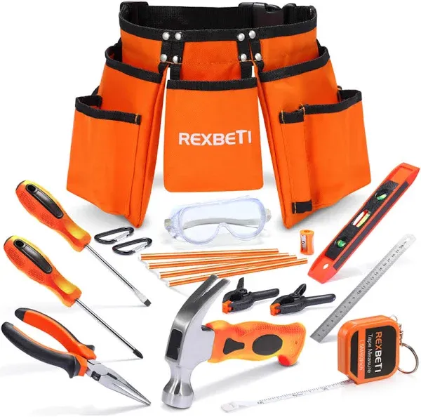 REXBETI 18pcs Young Builder's Tool Set with Real Hand Tools, Reinforced Kids Tool Belt, Waist 20"-32", Kids Learning Tool Kit for Home DIY and Woodworking