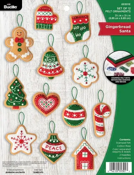 Bucilla Felt Ornaments Applique Kit Set of 12 Gingerbread Santa