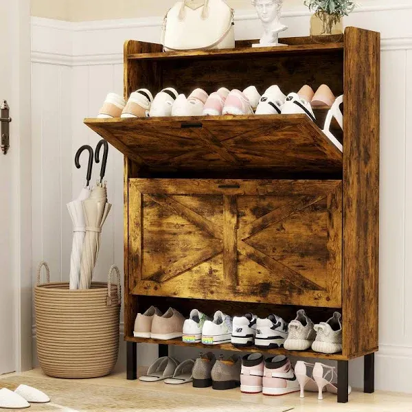 Shoe Storage Cabinet for Entryway, Fits Size 13, 24 Pairs Sturdy Wood Farmhou...