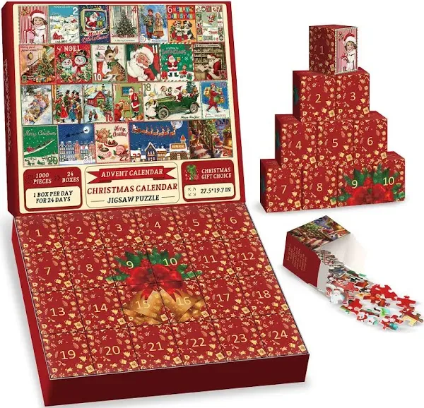 Weihnachten Adventskalender Puzzle 1000 Teile für Erwachsene, Weihnachten Countdown Kalender 2024 Puzzle, Urlaub Weihnachtsmann Puzzle für Erwachsene 1000 Teile