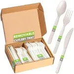 100% Compostable/Forks Spoons Knives Cutlery Combo Set - 200 Large Disposable Utensils 7" Durable Heat Resistant Alternative to Plastic Silverware with Convenient Tray - Greener Settings (50 Sets)