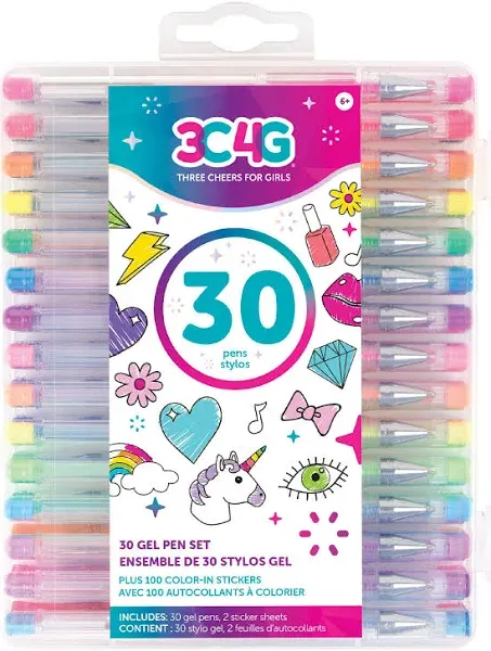 Three Cheers for Girls by Make It Real - 30 Piece Gel Pen Set - Colored Gel Pens with Metallic, Pastel, Neon, Rainbow & Glitter - Cute Pens for Drawing, Coloring or Journaling - Includes 100+ Stickers