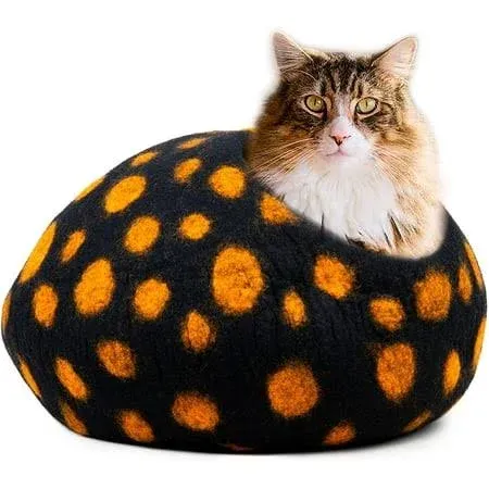 Woolygon Premium Felt Cat Cave Bed - Polka Dot Series - Wool Kitty Beds Handcrafted Kitten Caves Bed for Indoor Cats - Eco-Friendly Merino Wool, Foldable Cat Hideaway Cat Houses (Yellow/Black Dots)