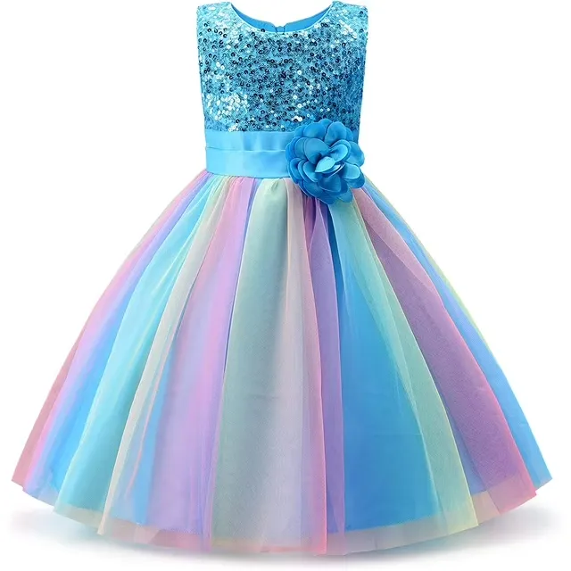 Little Girl s Sequin Sleeveless Mesh Rainbow Dress for Wedding Party