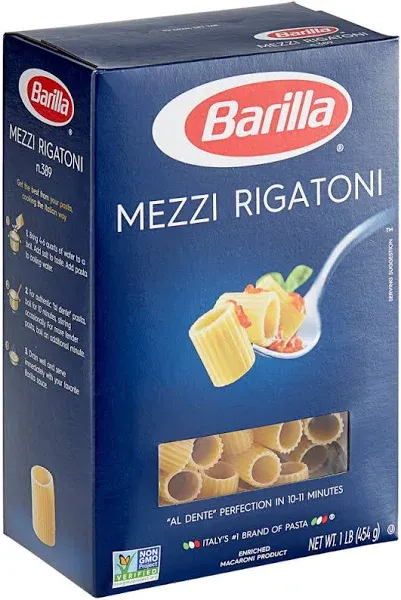 Barilla Mezzi Rigatoni Pasta, 16 oz. Box (Pack of 12) - Non-GMO Pasta Made with Durum Wheat Semolina - Kosher Certified Pasta