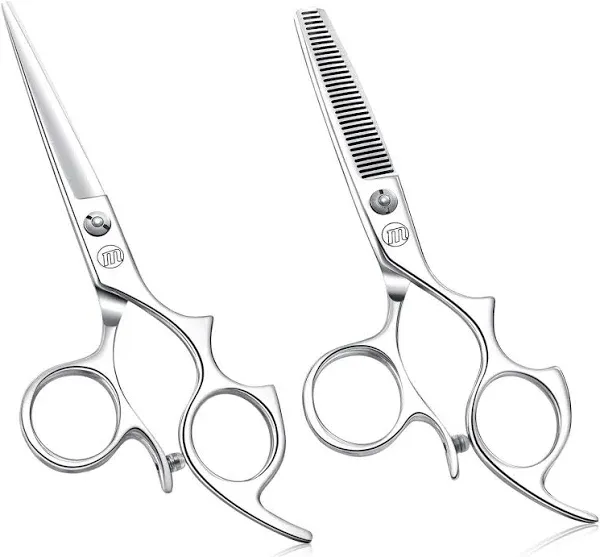 Moontay 5.5" Hair Cutting Shears Set with Large Finger Holes, Professional Barber Stylist Thinning Shears, Salon Hair Cutting Scissors, 440C Japanese Stainless Steel, Silver