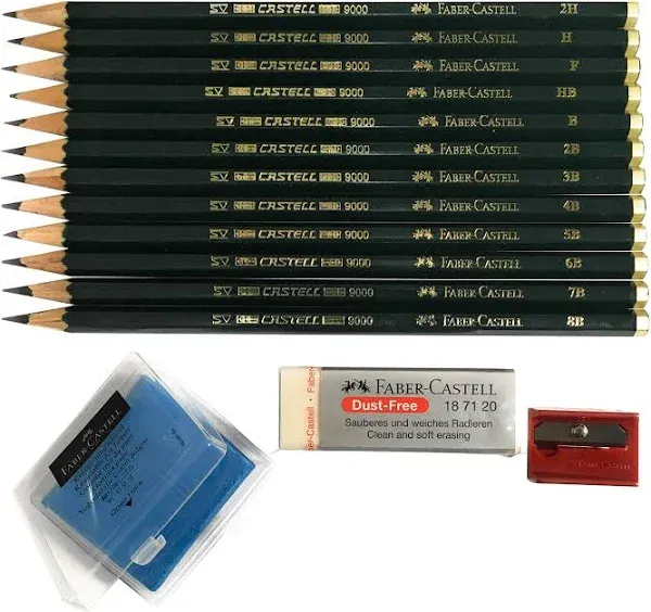 Faber-Castell 9000 Graphite Sketch Pencil Art Set (8B - 2H) with Kneaded Art Eraser, Large Dust Free Eraser and Sharpener