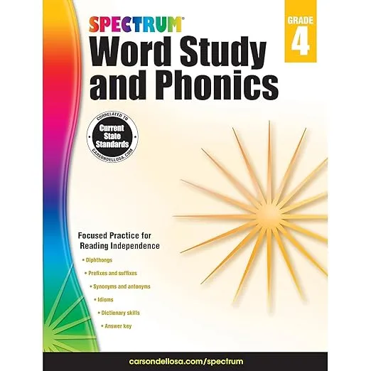 Spectrum Grade 4 Word Study and Phonics Workbooks, Ages 9 to 10, 4th Grade Phonics and Word Study, Dictionary Skills, Vocabulary Builder, Synonyms and ... Prefixes and Suffixes - 176 Pages (Volume 83)