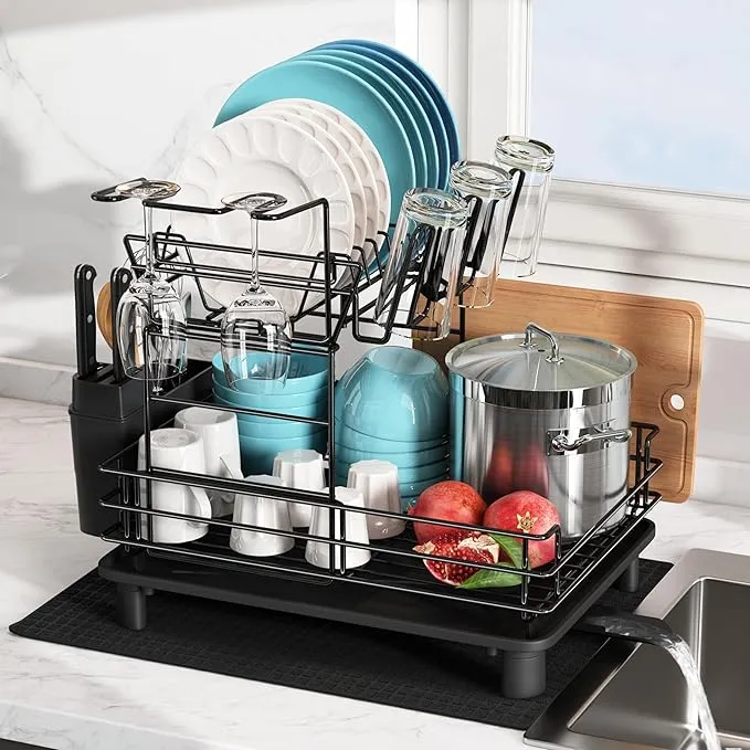 MAJALiS Kitchen Dish Drying Rack, 2 Tier Dish Drainers Shelf Help to Kitchen Counter Save Space, Multifunctional Stainless Steel Dish Strainers with Utensil Holder, Cups Holder, Black