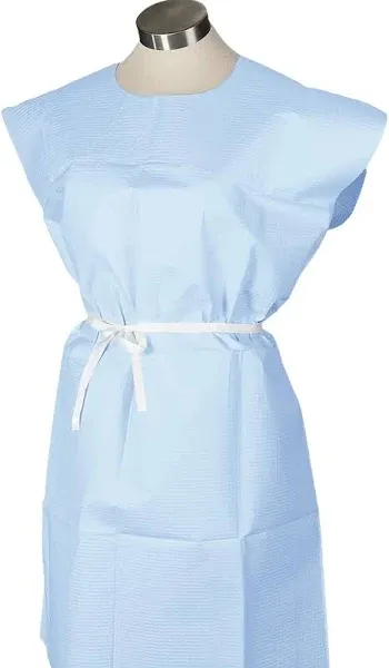 TIDI Choice Gowns, Blue (Pack of 50) ― Tissue/Poly/Tissue ― Open-Back, Waist-Tie, Short-Sleeve Medical Gowns ― Disposable Exam Gowns ― Standard Size 30” x 42” ― Latex-Free Medical Supplies (910520)