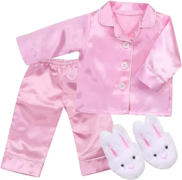 Sophia's Satin Button Up Pajama Top and Bottoms with Piping Plus Fluffy Bunny Slippers for 18 Inch Dolls, Pink/White