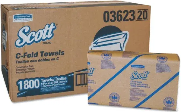 Scott® Essential C-Fold Towels for Business, Convenience Pack, 1-Ply, 10.13 x 13.15, White, 200/Pack, 9 Packs/Carton (KCC03623)