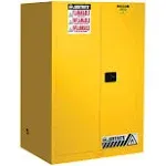 Justrite 90 Gallon Self Close Flammable Storage Cabinet, 18 Gauge Steel, 2 Shelves, 2 Door Fire Cabinet, 65" x 43" x 34", Made in The USA, Yellow, 899020