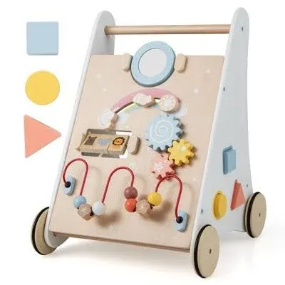 BABY JOY 6 in 1 Wooden Baby Walker, Toddler Pretend Play Kitchen Playset, Push and Pull Sit-to-Stand Learning Walker Activity Center, Montessori Educational Toy, Push Walker for Boys Girls