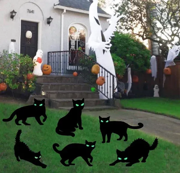 6Pack Halloween Black Cat Decorations Signs with Stakes Glow in the Dark Eyes，Scary Waterproof Cat Yard Lawn Signs for Patio Garden Outdoor Decor