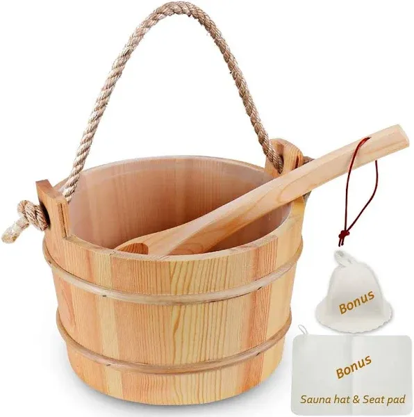 Novalty Handmade Sauna Bucket & Ladle Set Traditional Wooden Water Bucket 5 Liter (1.3 Gallon) with Plastic Liner, Bonus Sauna Hat and Seat Pad for Home Hotel Sauna Room Sauna Heater