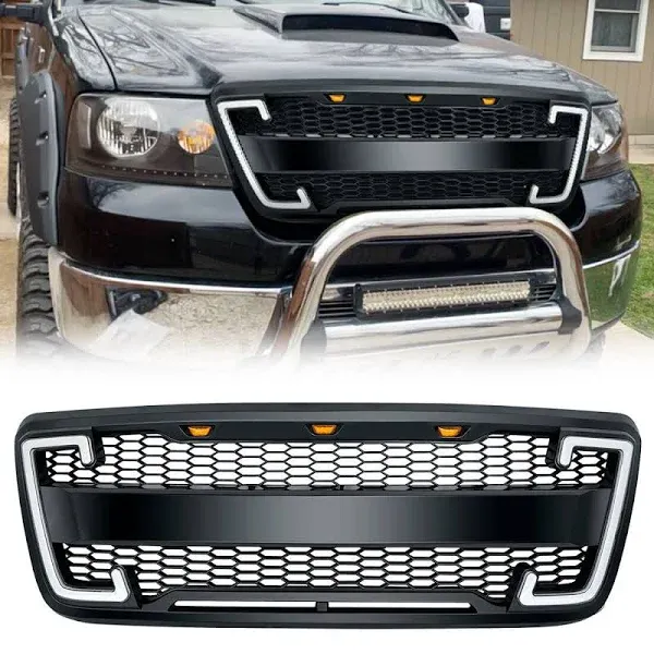 Front Grille Compatible with 2004-2008 2004 2005 2006 2007 2008 Ford F150 F-150 Including XL XLT FX2 FX4 STX XTR Gloss Black Grill Replacement QH-FD-024-1