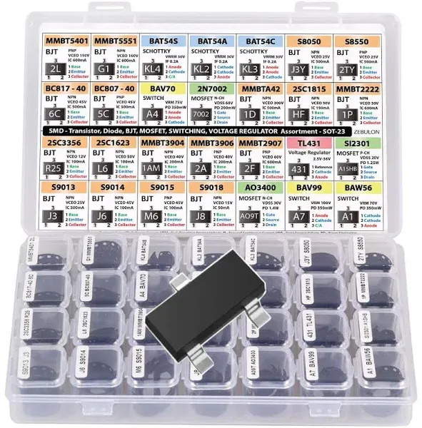 SMD SOT-23 Electronic Components Assortment, Transistors, BJT, MOSFET, Diodes, Schottky, Switching, Voltage Regulator, 28 Types, 1400 pcs