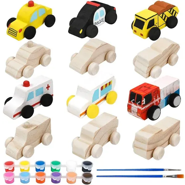 12 Pieces Unfinished Wooden Cars Wood DIY Car Toys Wood Crafts Painting Craft...